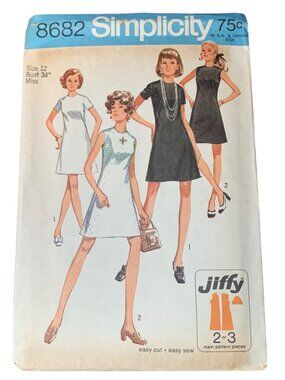 Vintage 1969 Simplicity 8682 Jiffy Misses Mini Dress Sewing Pattern Size 12
